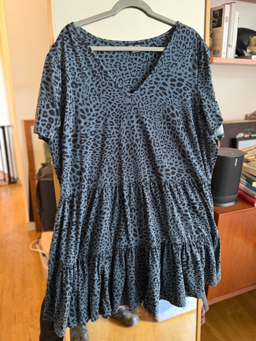 City Chic Blue/Green Leopard Tiered V-Neck Baby Doll Dress